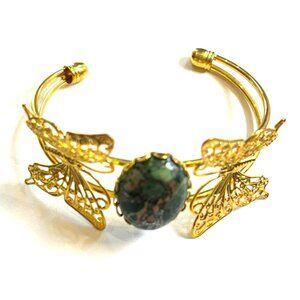 Gold Butterfly Cuff Bracelet With Green Stone Centerpiece Handmade Adjustable Je